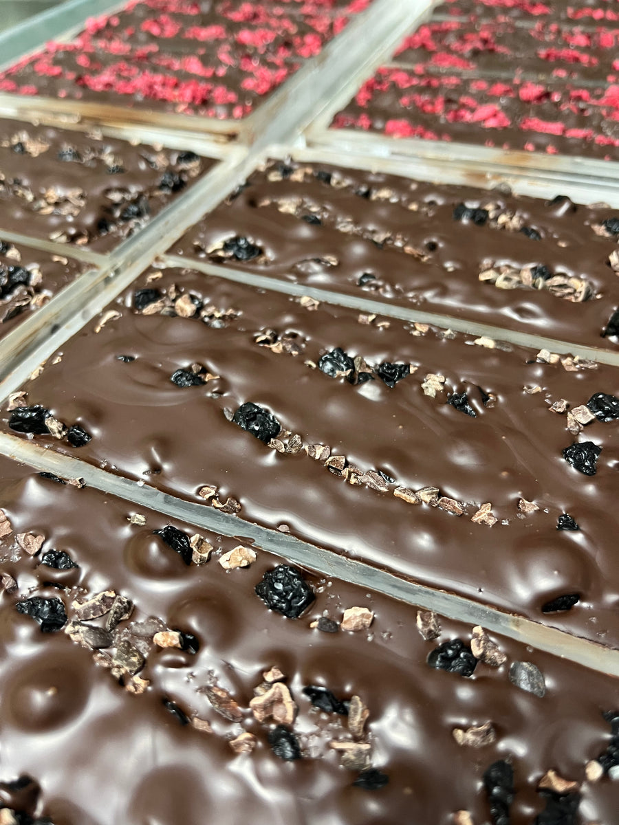 72% Dark Chocolate Blueberry, Cocoa Nibs & Sea Salt Bar – LUX