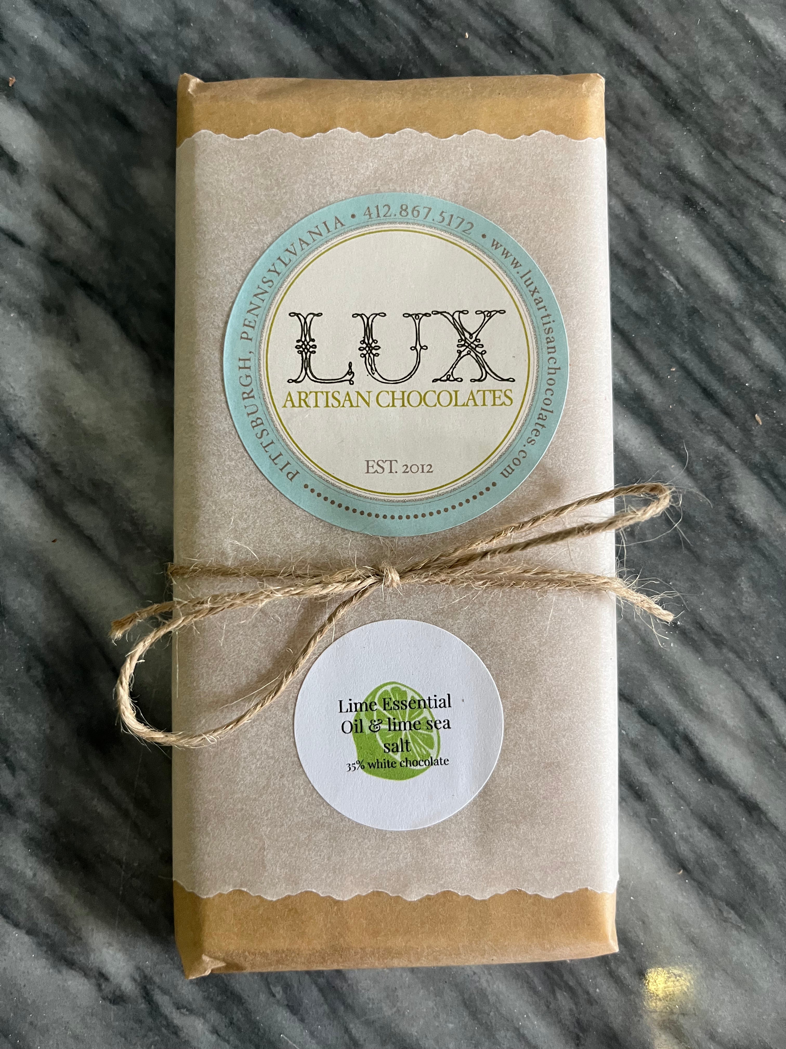35% white chocolate with lime essential oil and lime sea salt bar