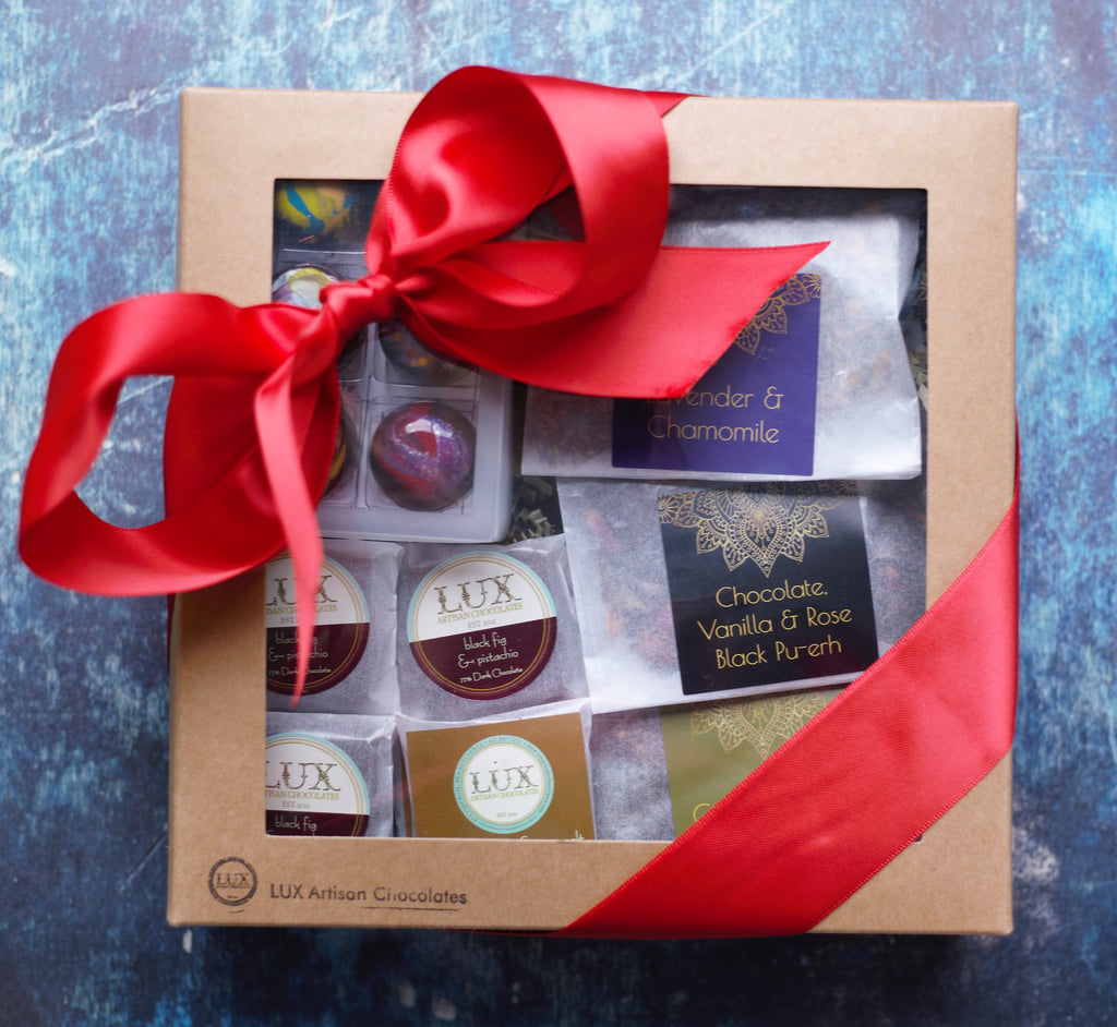 Loose Leaf Tea Sampler, Six Piece Bonbon or Sea Salt Caramels, and Artisanal Chocolate Squares Gift Box